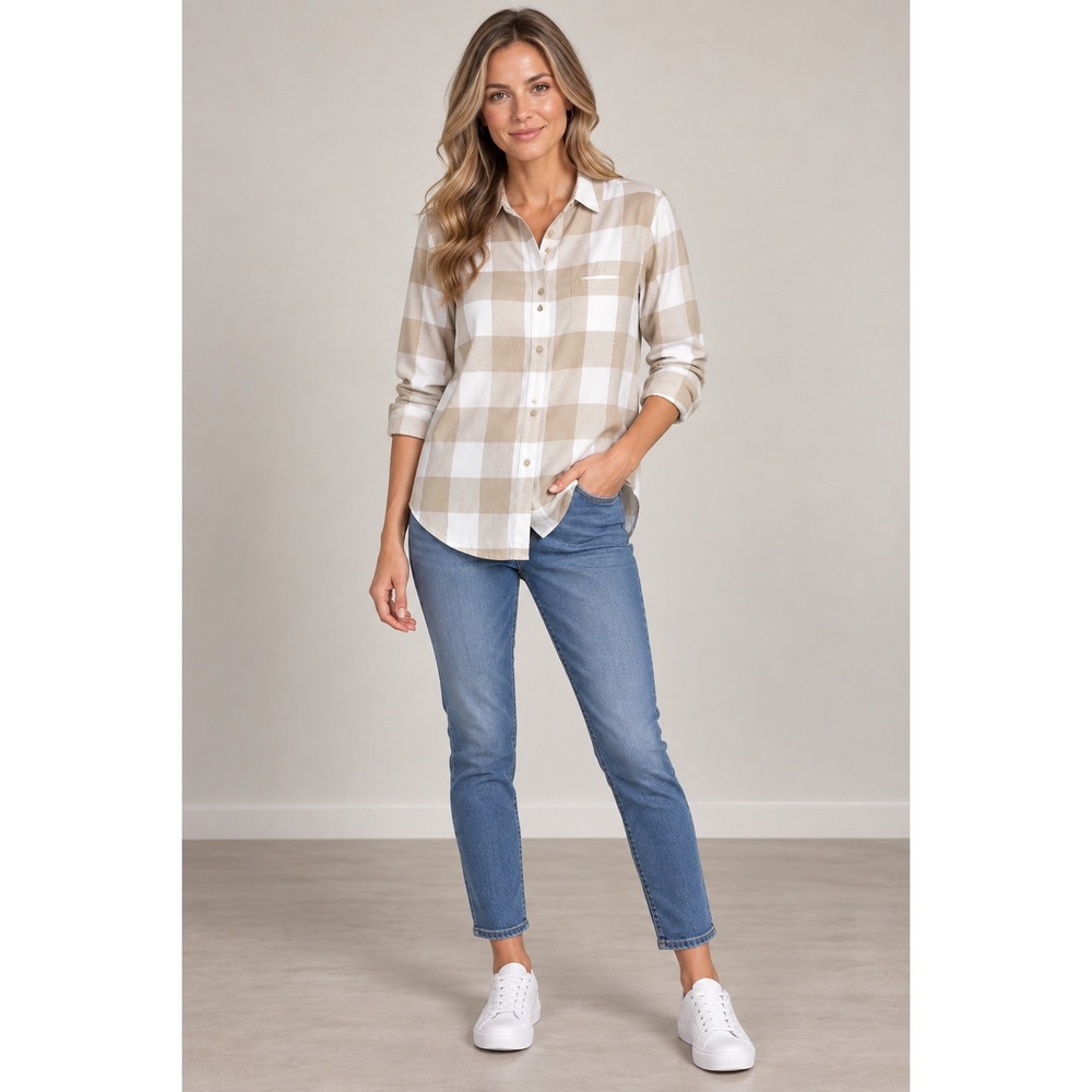 Lululemon Flannel Button Down Shirt Womens 6 Beige White Buffalo Check Cotton